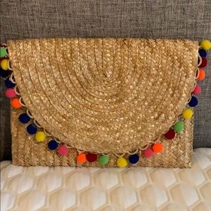 NWT Straw + Pom Pom Envelope Clutch/Crossbody